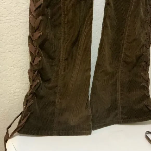 Dana Foley NYC corduroy brown pants lace Low Rise Wide Leg - Picture 5 of 9